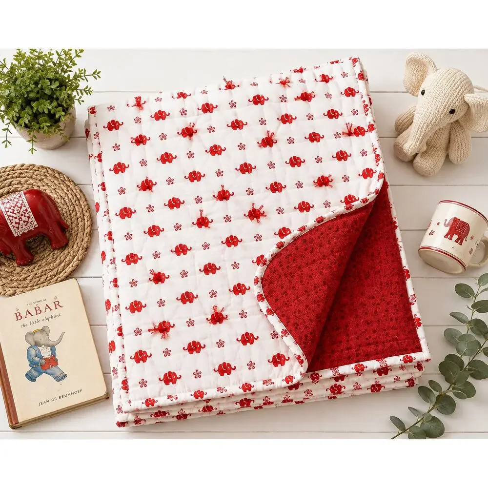 Handmade Red Elephant Hand-Tied Quilt 55 x 70